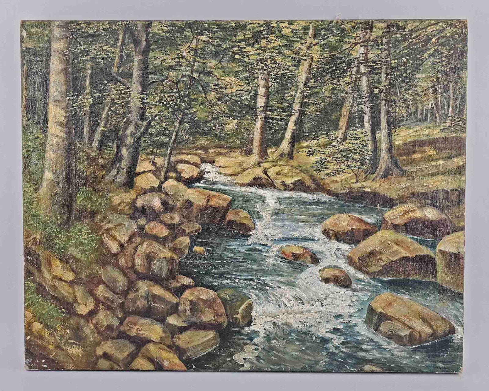 9260016 Oil Painting Stream Wooded Area Landscape Um 1930 25 5/8×20 1/8in