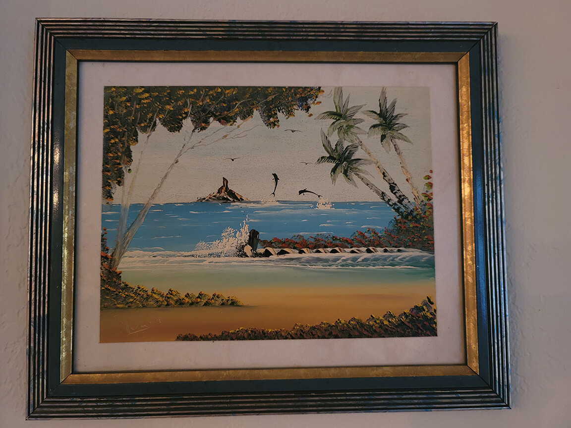 Beach Sea Scape Dolphins Painting on Glass – Guillermo A. Rare – Signed Original