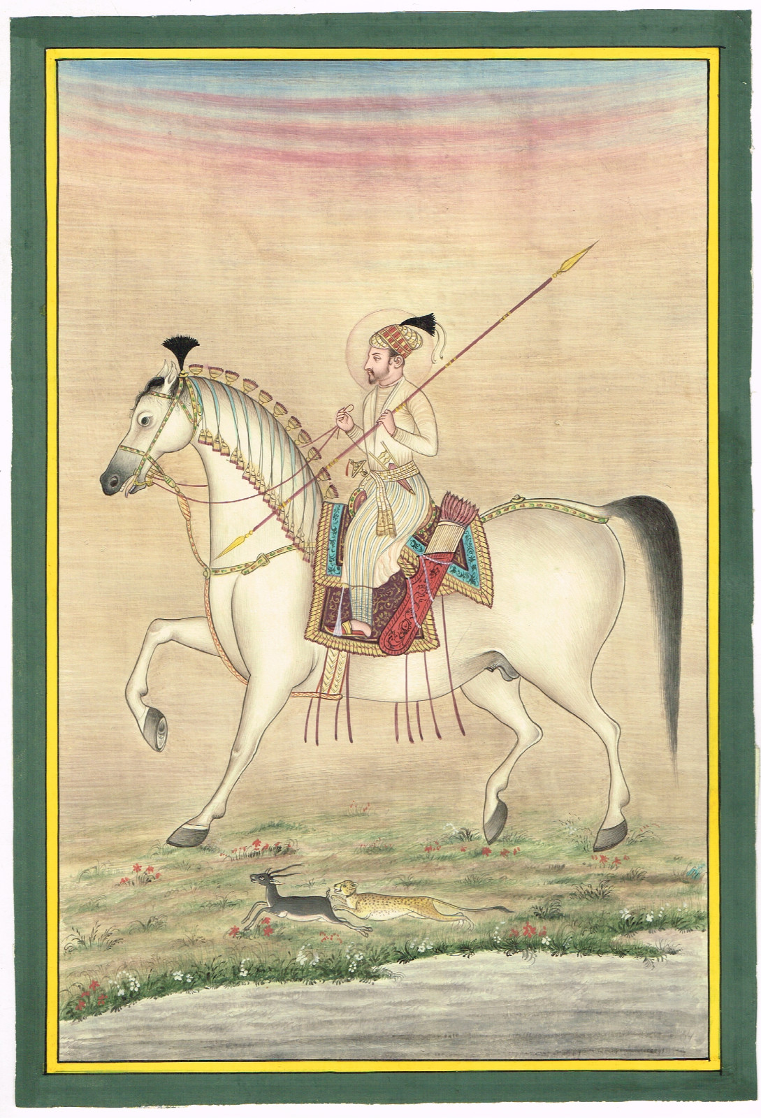 Indian Miniature Painting Of Mughal Emperor Shahjahan On Horseback With Weapons