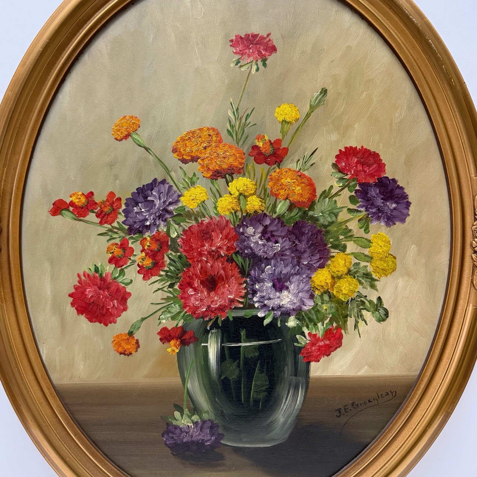Vintage Original Signed Still Life Flowers in Vase Painting Gilt Oval Framed 22”