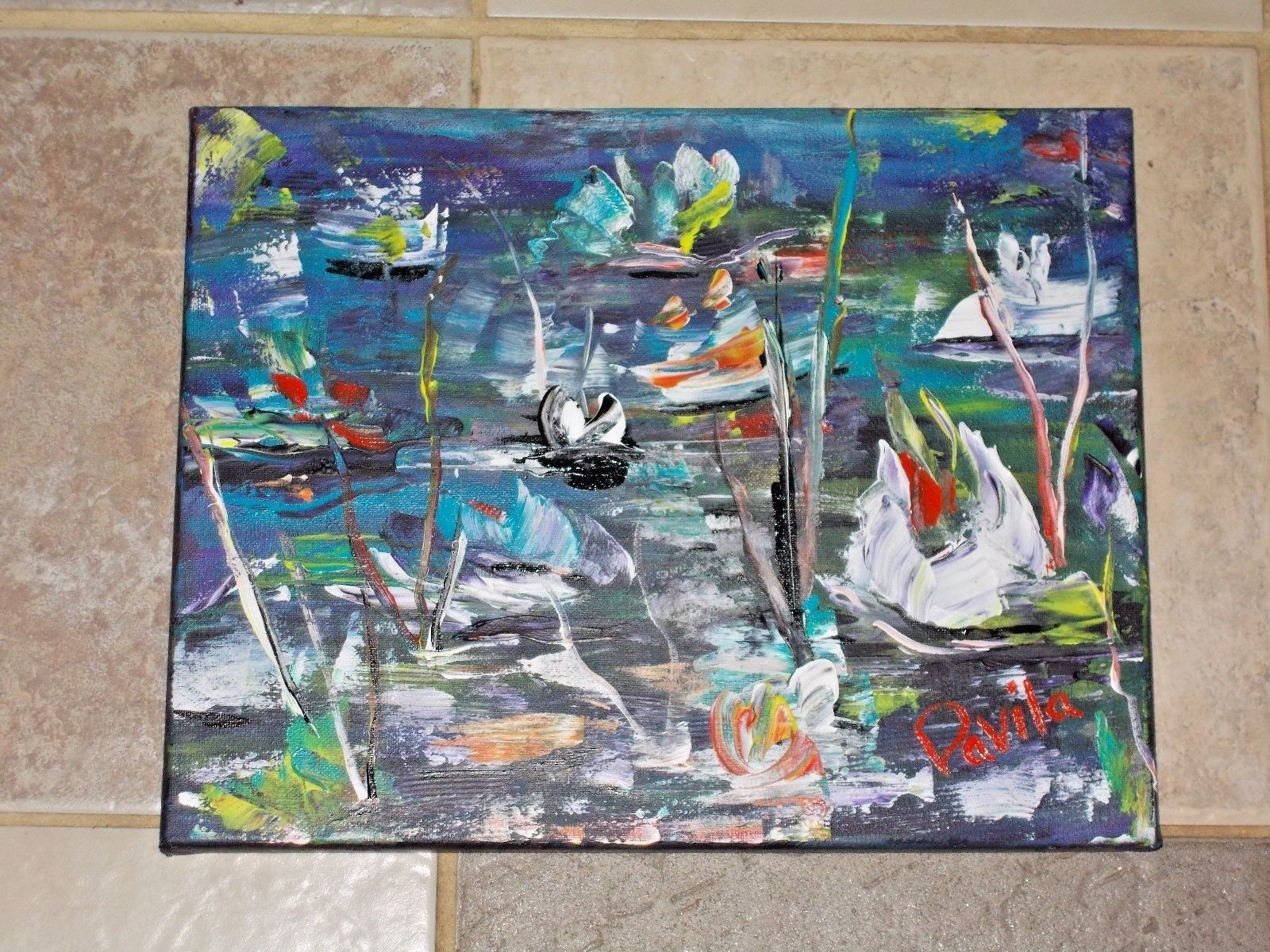 ORIGINAL «WATER LILLY ESCAPADE» IMPRESSIONISTIC ACRYLIC PAINTING BY DAVILA 11X14