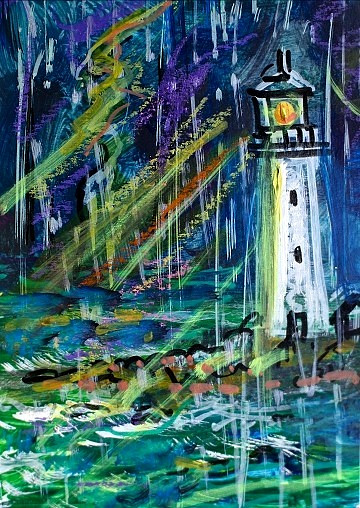 ORIGINAL ACEO Painting LIGHTHOUSE Night Storm Rain Ocean Waves Light Sea ATC ART