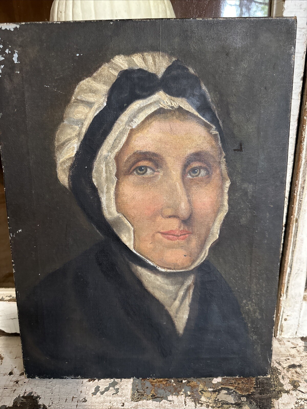 Very Early American Painting Of Woman In 1700-1800’s Dress