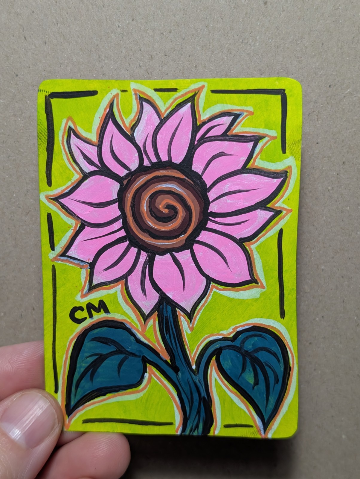 ACEO Original Cute Pink Sunflower Cartoon Acrylic Painting Hand Painted Art Card