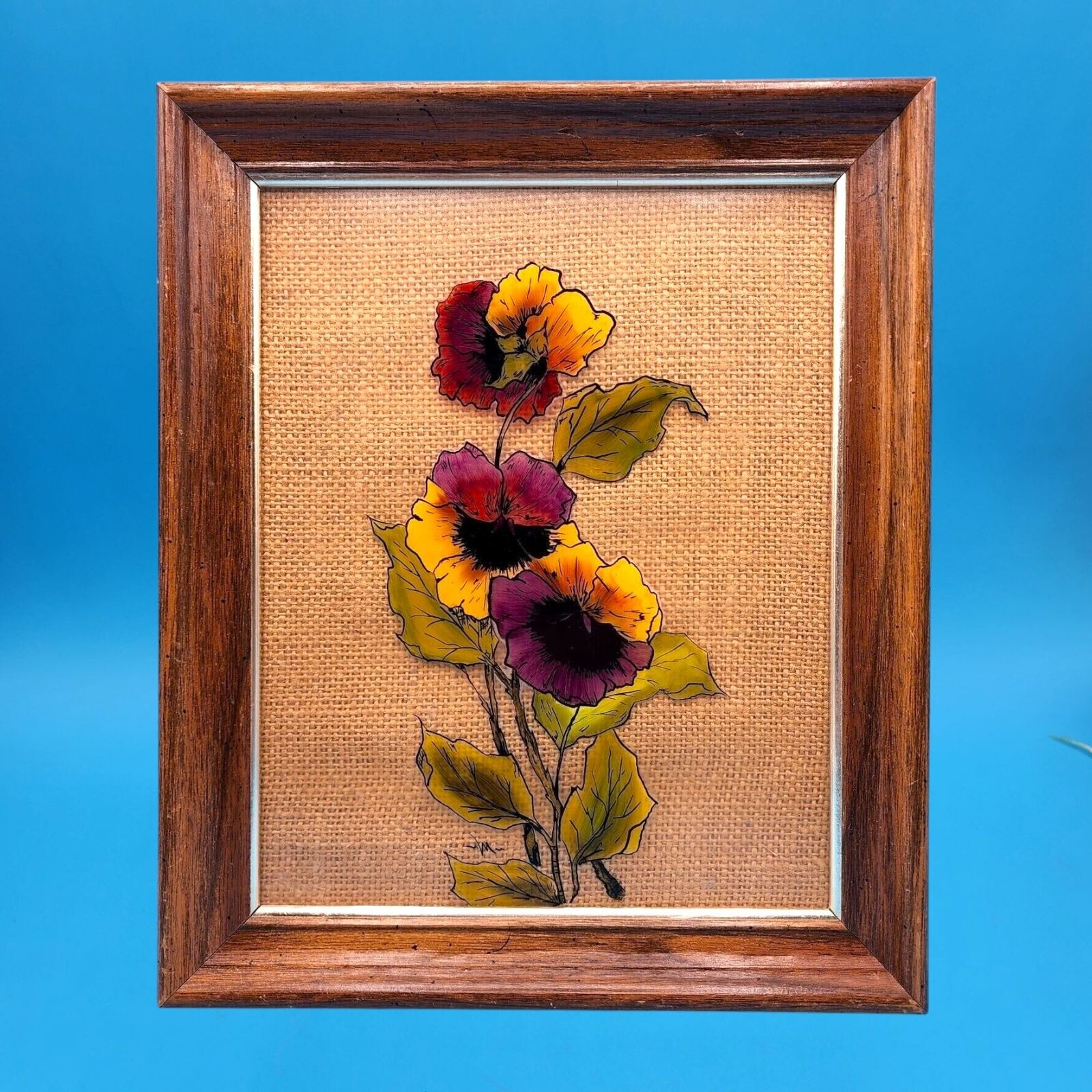 Vintage Reverse Painted Pansy Floral On Glass Signed Art Framed 10″L x 12″H