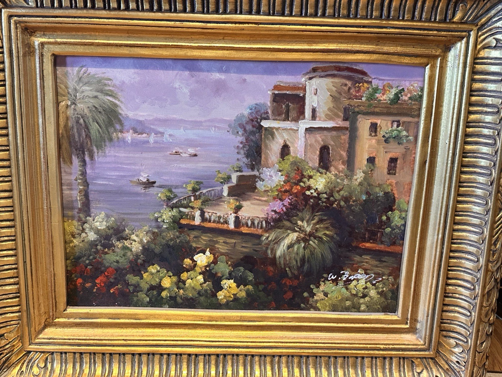 MEDITERRANEAN SEACAPE OIL PAINTING ART SIGNED GOLD WOOD FRAME 24″ * 20″ EUC