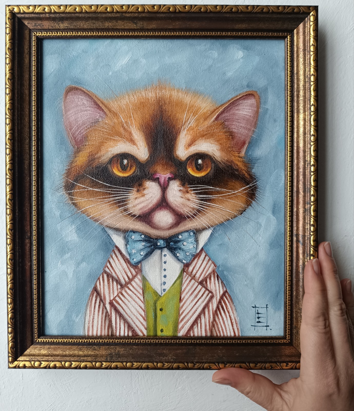 Dapper Tom Cat Original Oil Painting Framed Wall Art 8×10 in