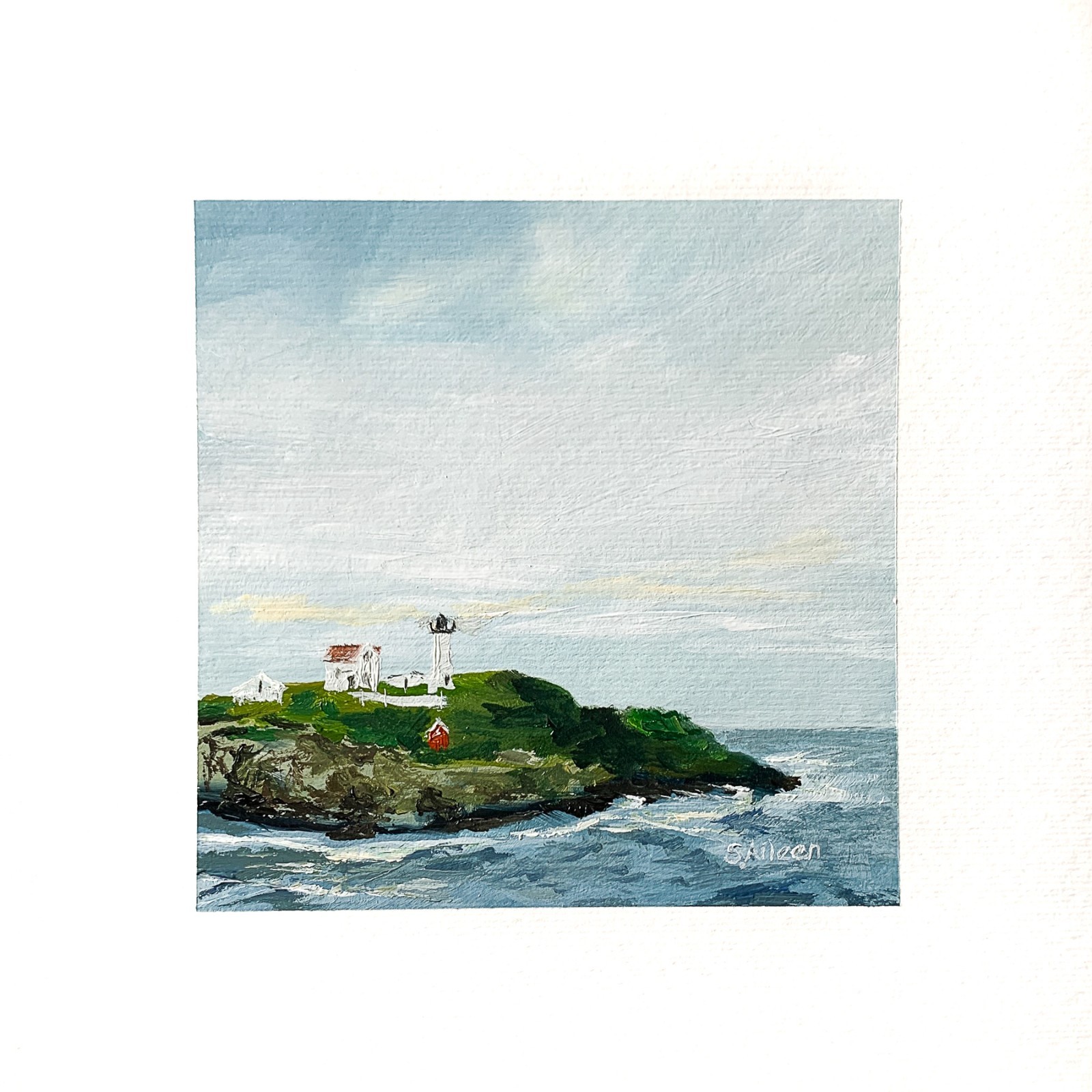 8×8 Maine Original Oil Painting Nubble Lighthouse Nautical New England Signed