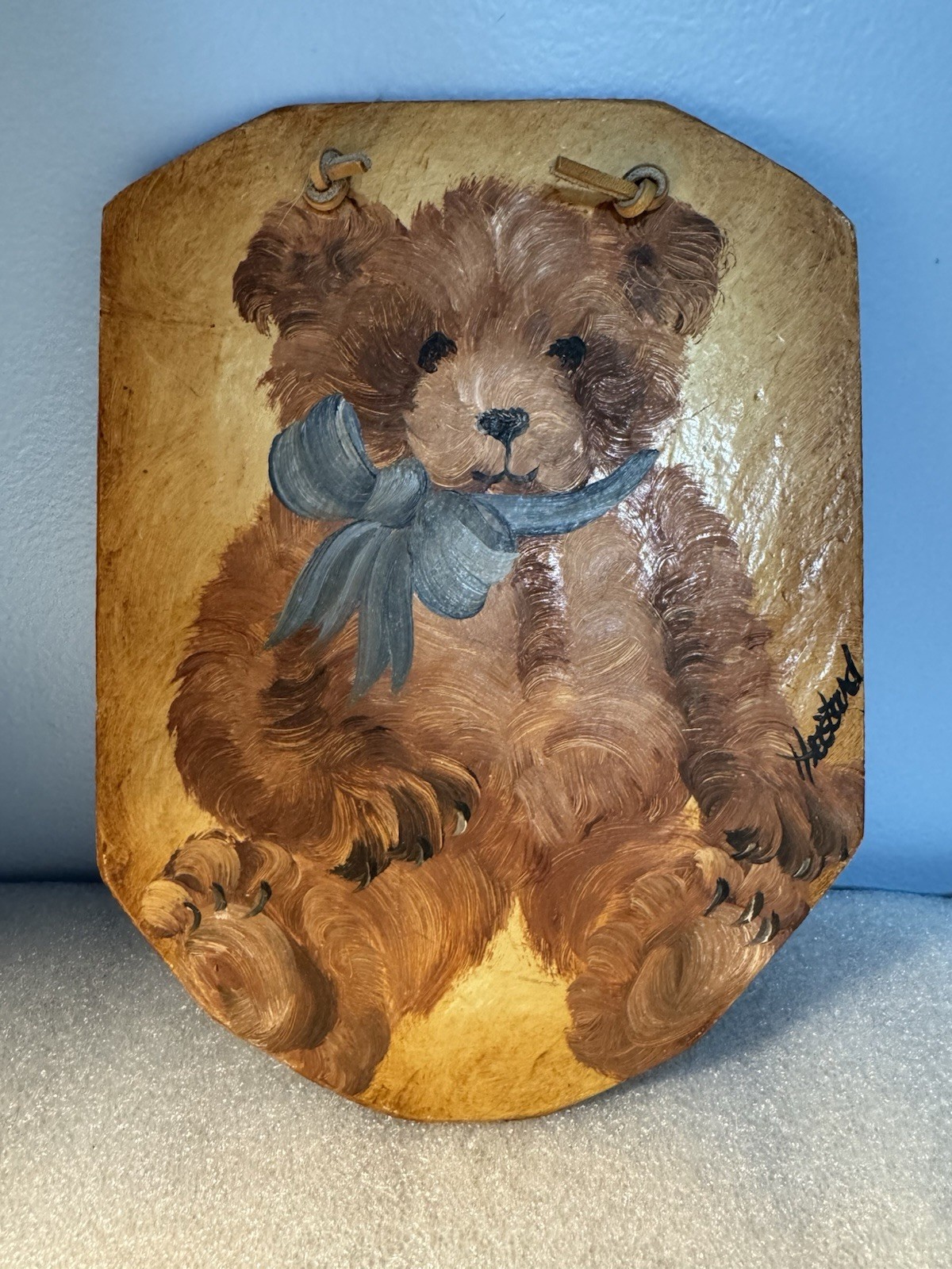 Loveable Teddy Bear On Slate Blue Bow Signed Heistand.