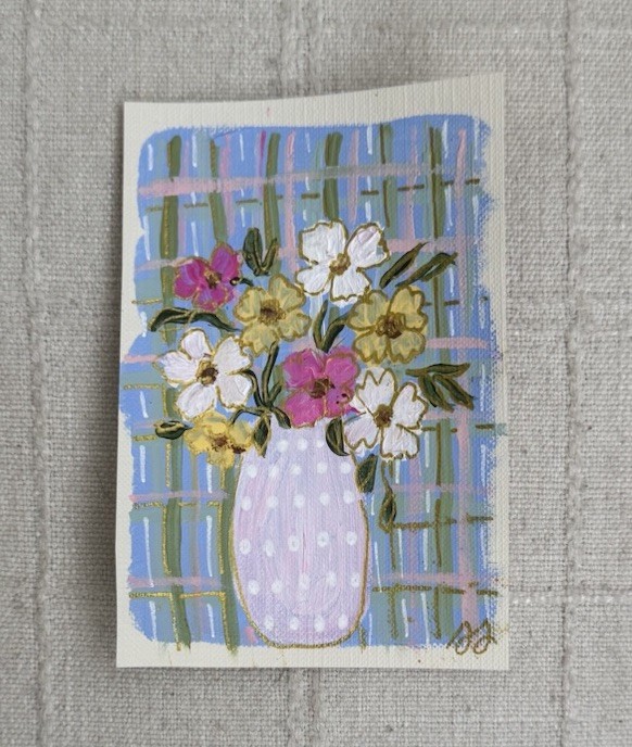 Funky Floral Vase Mini Painting on Paper, Unframed 3in x 2in