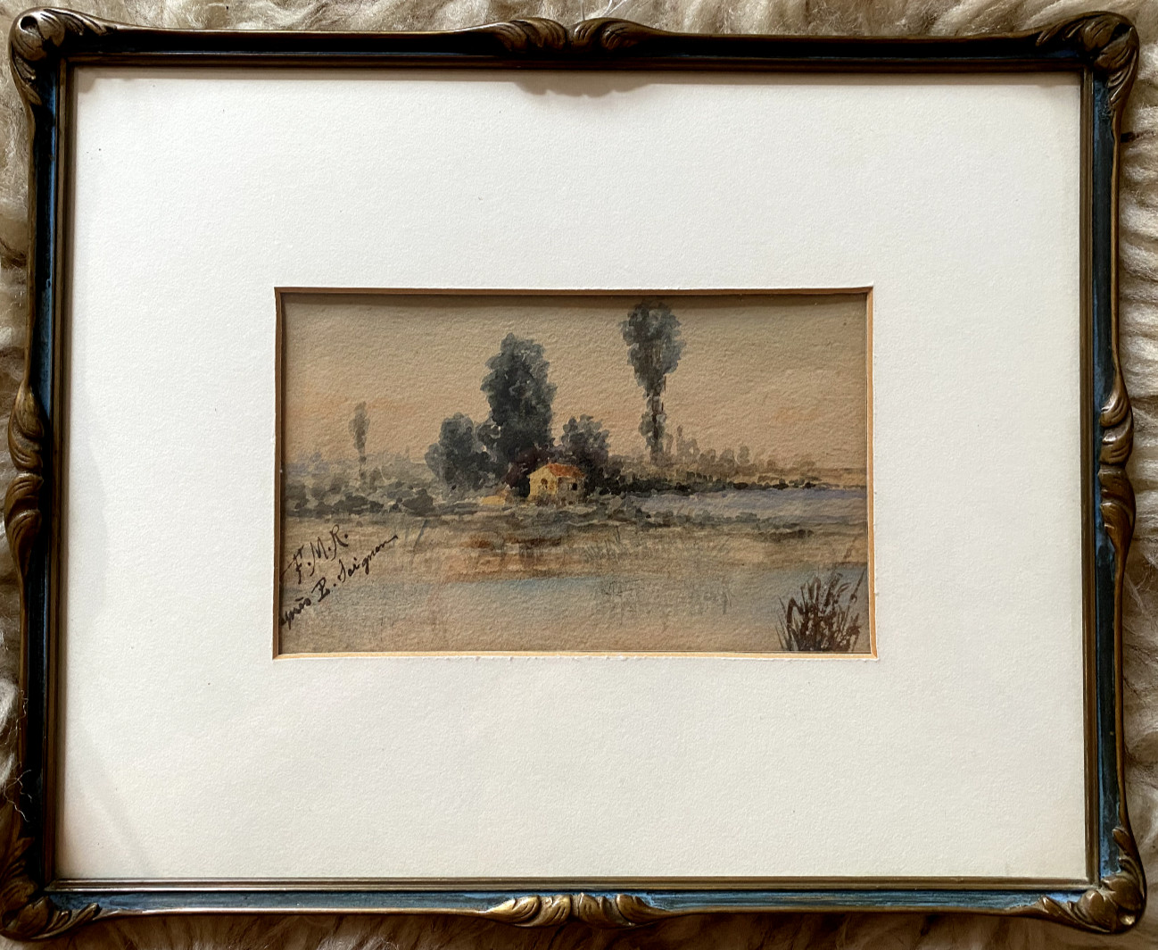 F.M.R Aquarell Moor Location Frame Antique Around 1880 House By The Shore Fields