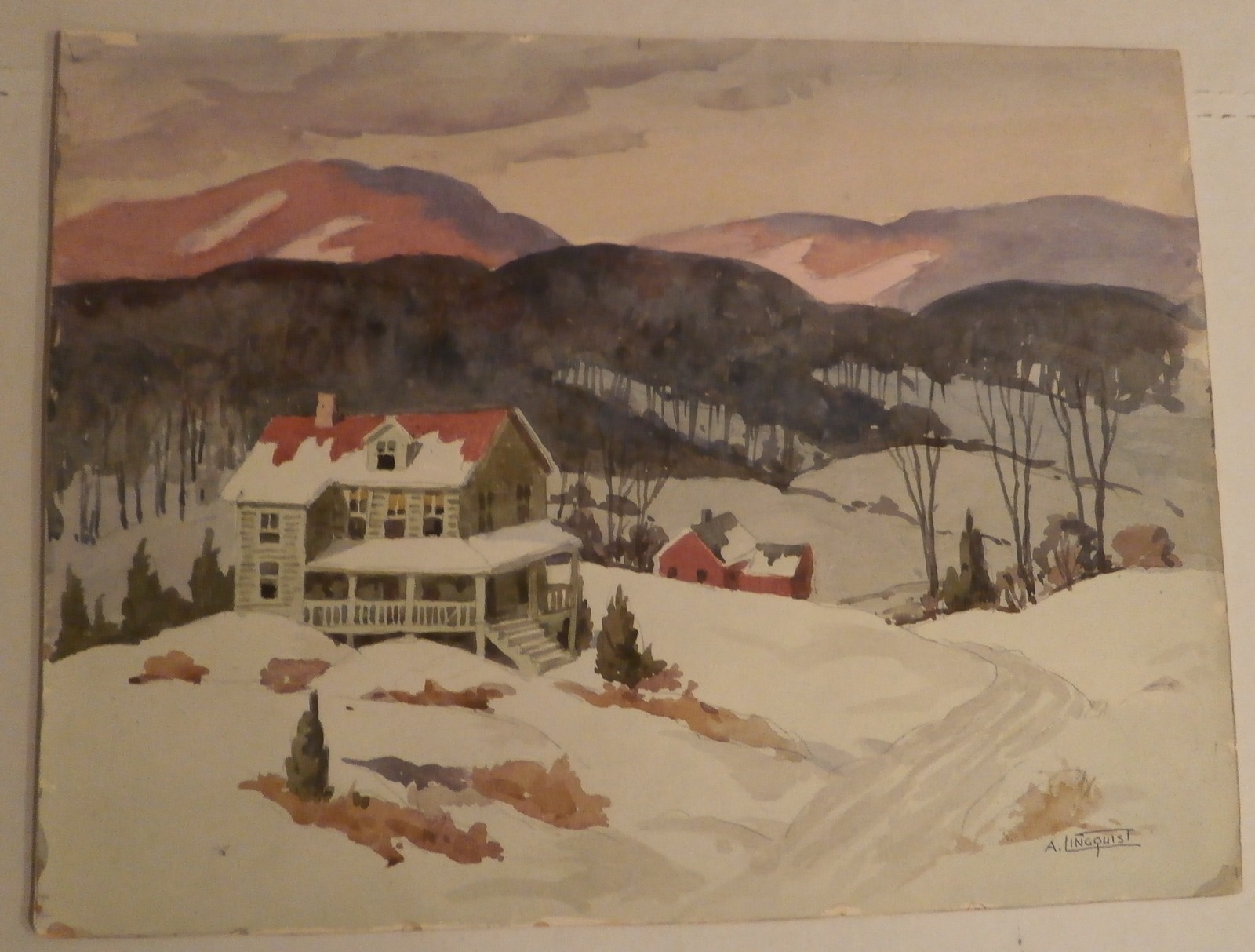 Country House & Barn in Snow, Vermont-W/C Painting-1930s-Arthur Lingquist