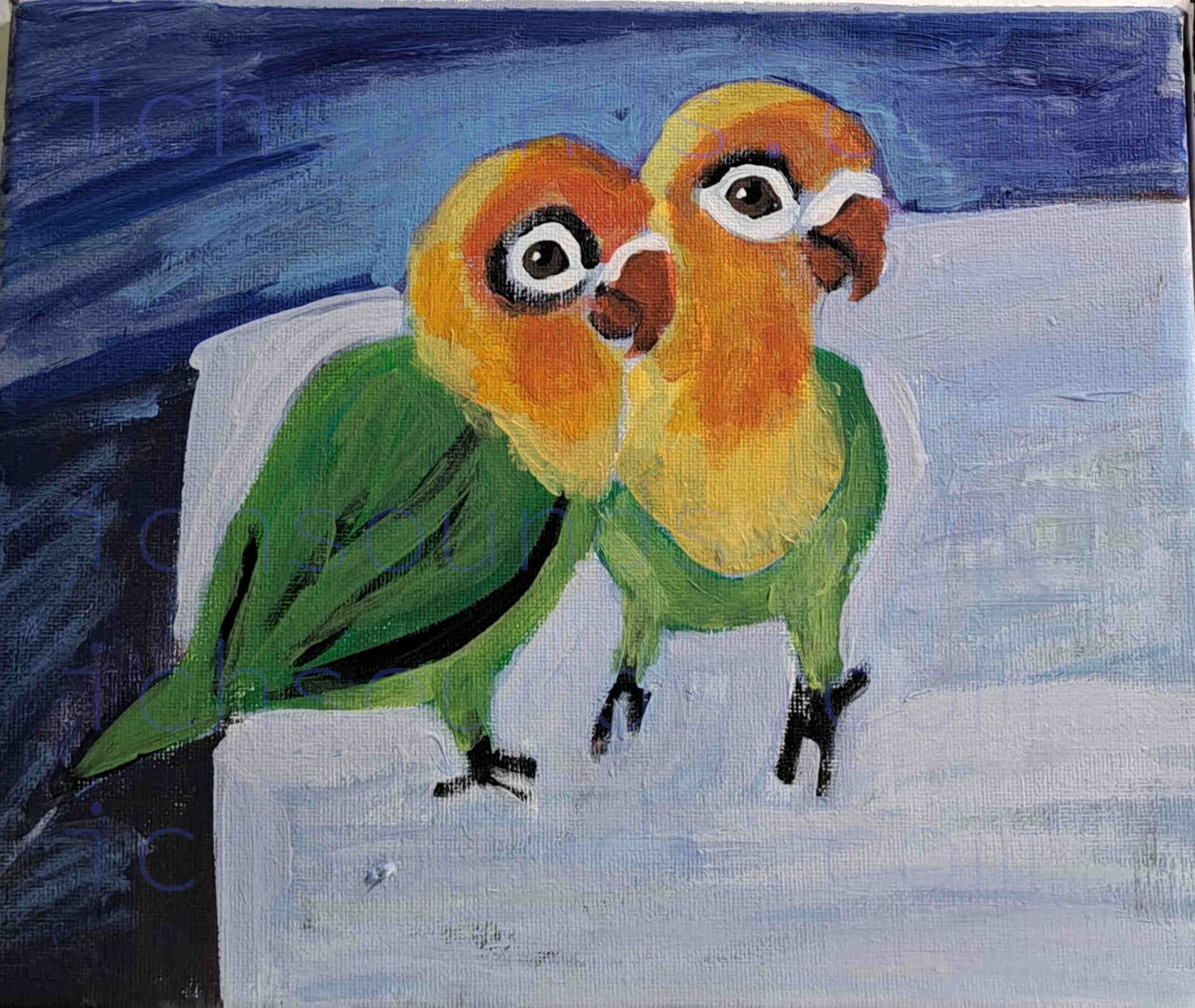 Original 8″x10″ birds parrots acrylics painting on stretched canvas, signed