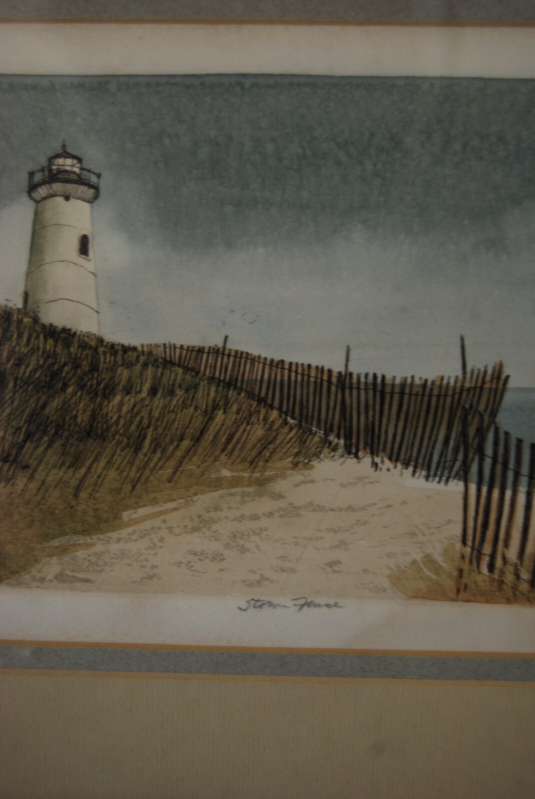 VTG FRAMED FRANK KACZMAREK SIGNED A/P COLORED ETCHING «STORM FENCE» LIGHTHOUSE