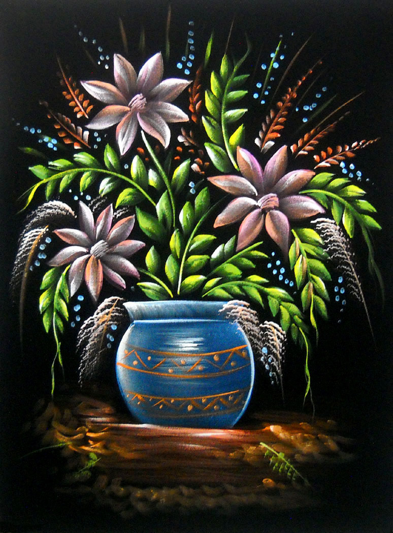 Colorful Flowers Pot Home Decor Oil Painting on Velvet Fabric 19″x27″ Inch