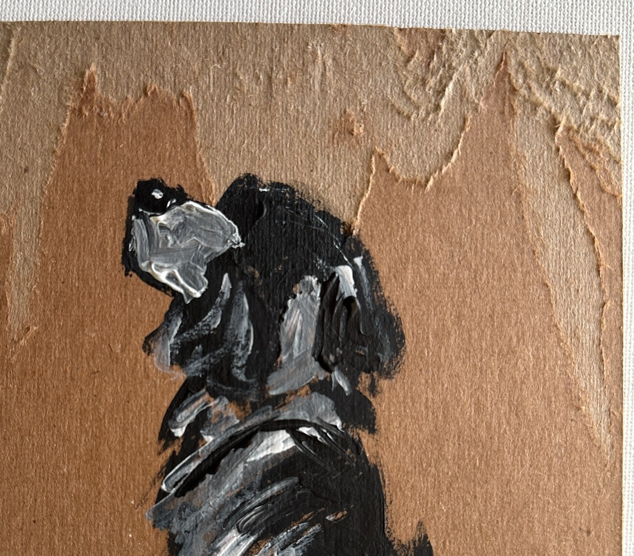Dog Painting Black & White Naive Outsider Animal Art gritty cardboard upcycle