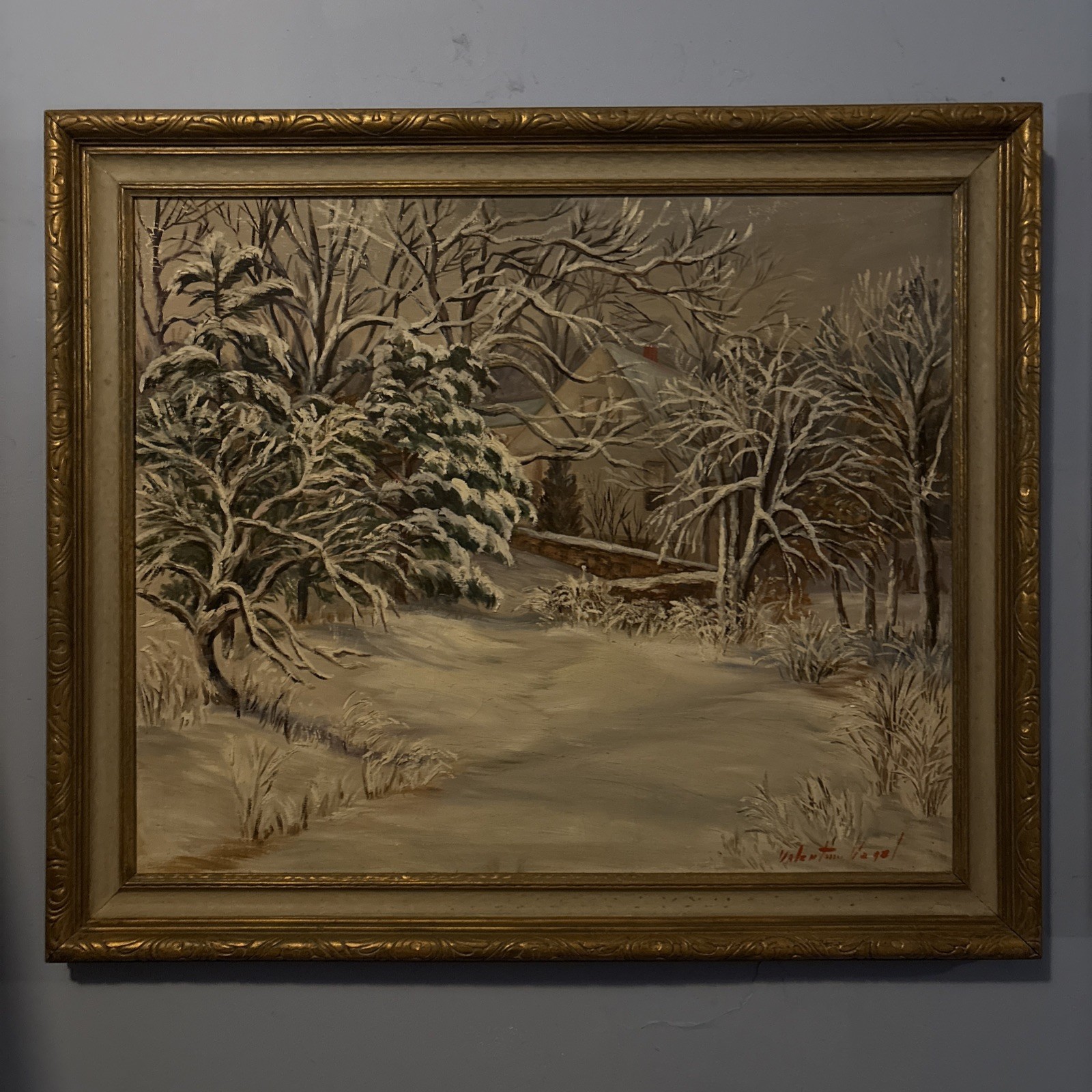 Valentine Vogel Large Framed Oil Painting On Canvas, Missouri Winter House Scene