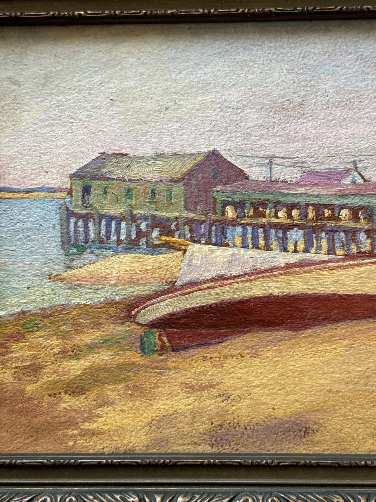 ERNEST ELWOOD PERRY PAINTING ANTIQUE MASSACHUSETTS COAST PIER HISTORIC LISTED