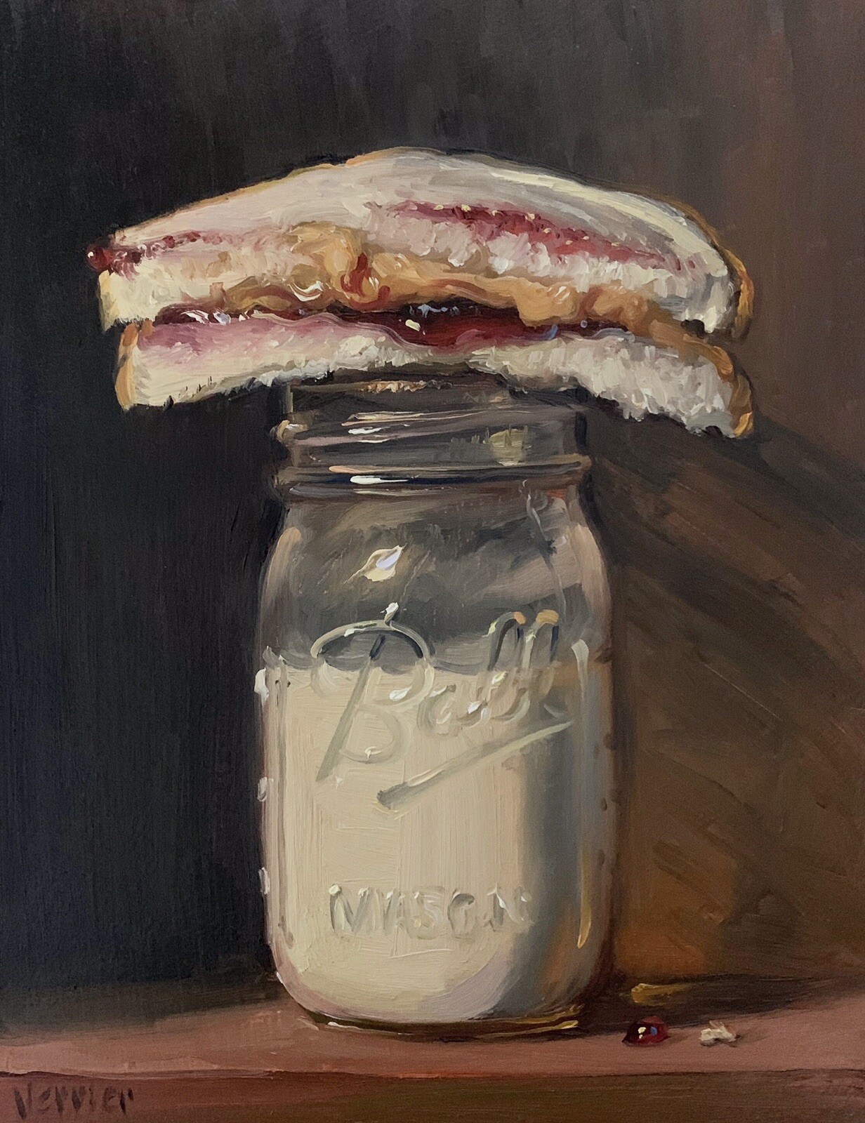 “PBJ & Ball Jar of Milk” NOAH VERRIER Still life oil painting, Signed art print