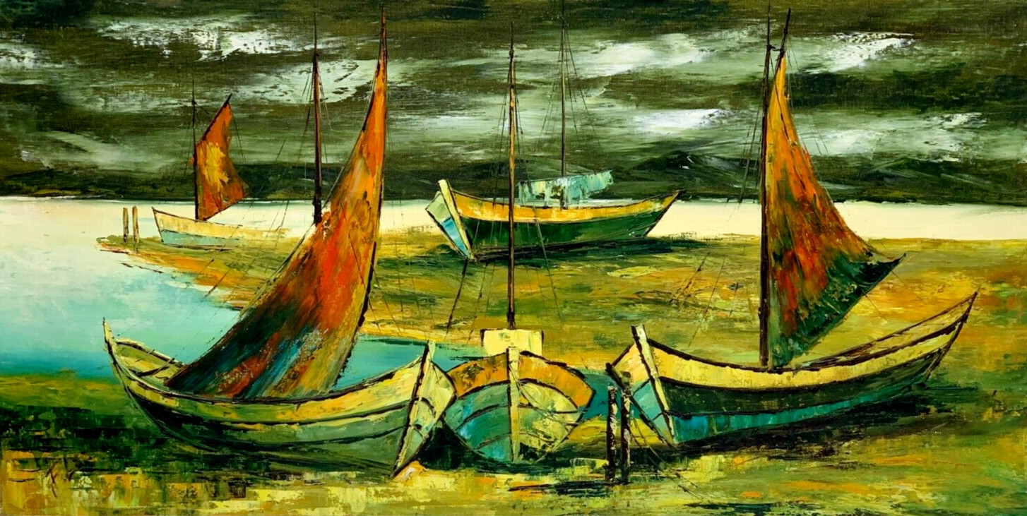 F LEE LARGE SEASCAPE OIL PAINTING SAND DOCKED FISHING BOAT PALETTE KNIFE IMPASTO