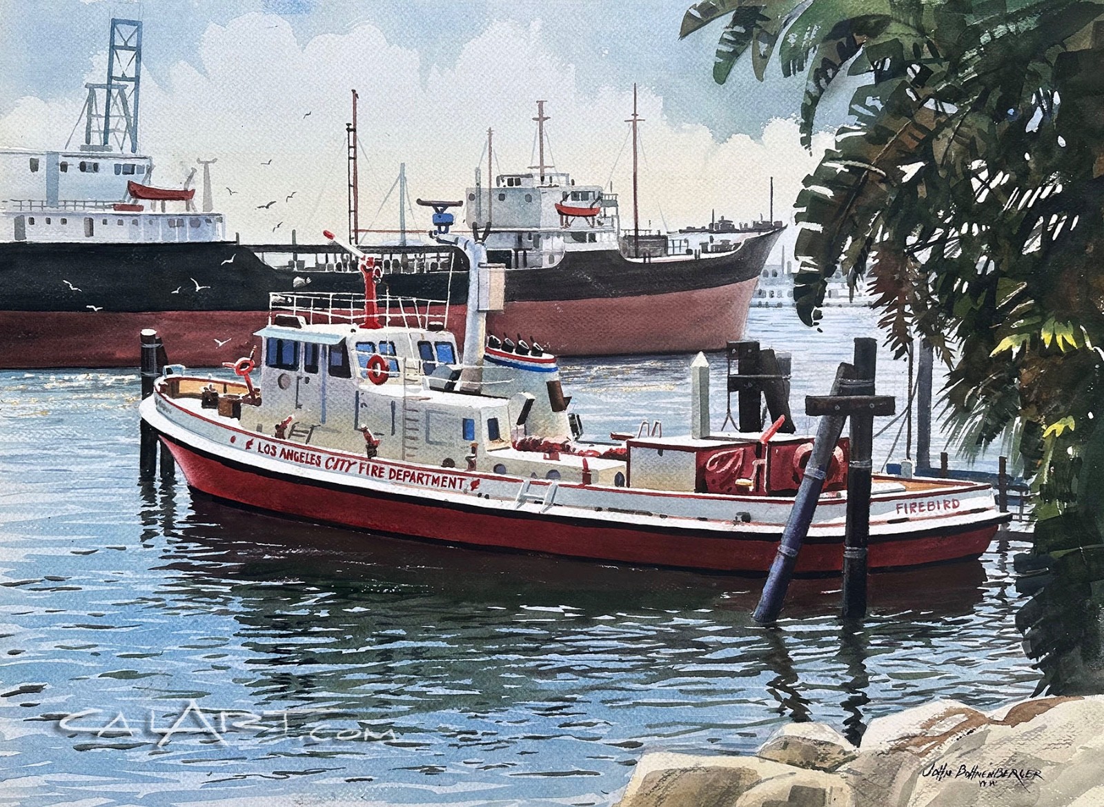 Vintage Los Angeles Fire Department FIRE BOAT Painting LISTED AMERICAN REGIONAL