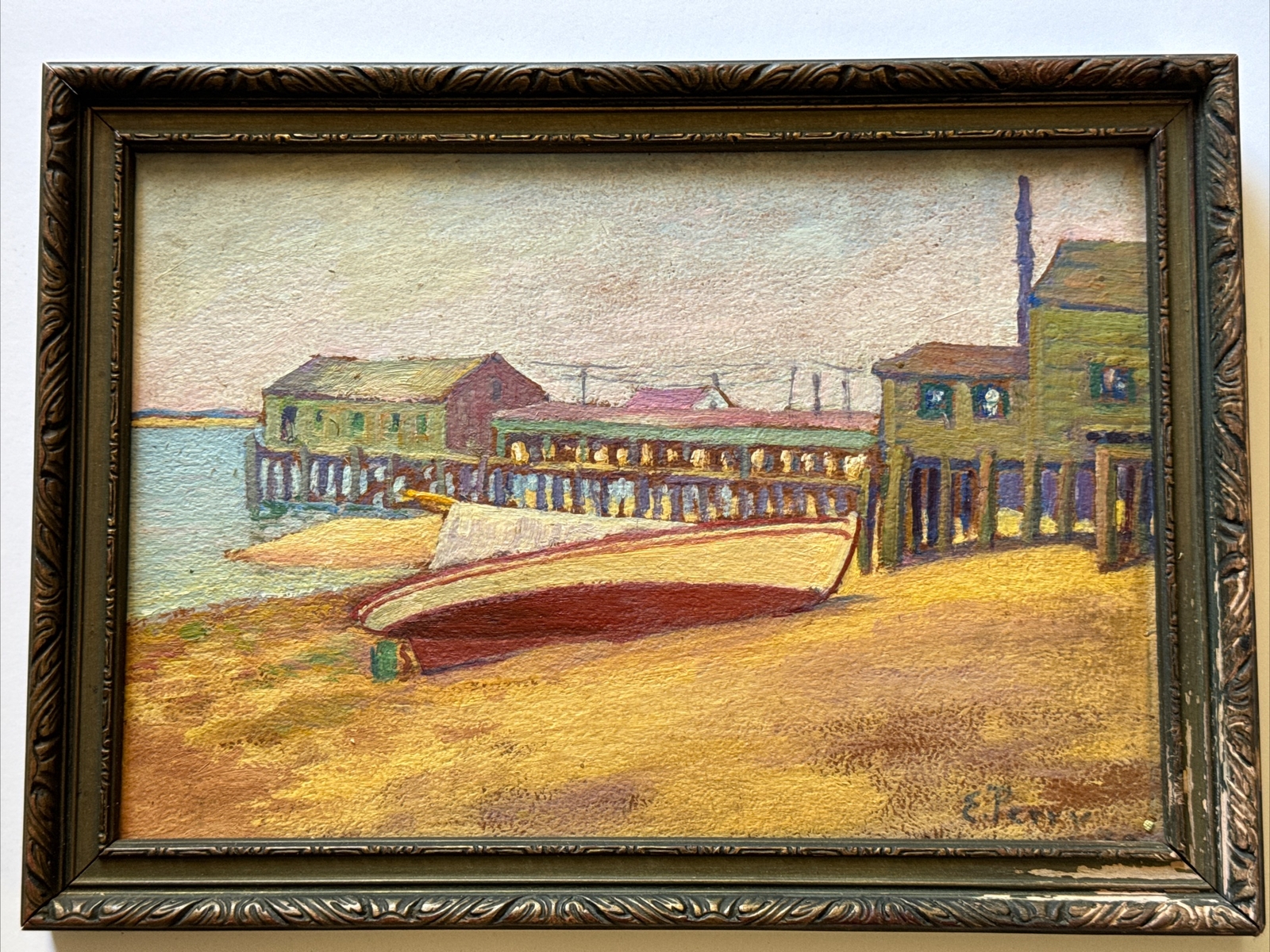 ERNEST ELWOOD PERRY PAINTING ANTIQUE MASSACHUSETTS COAST PIER HISTORIC LISTED