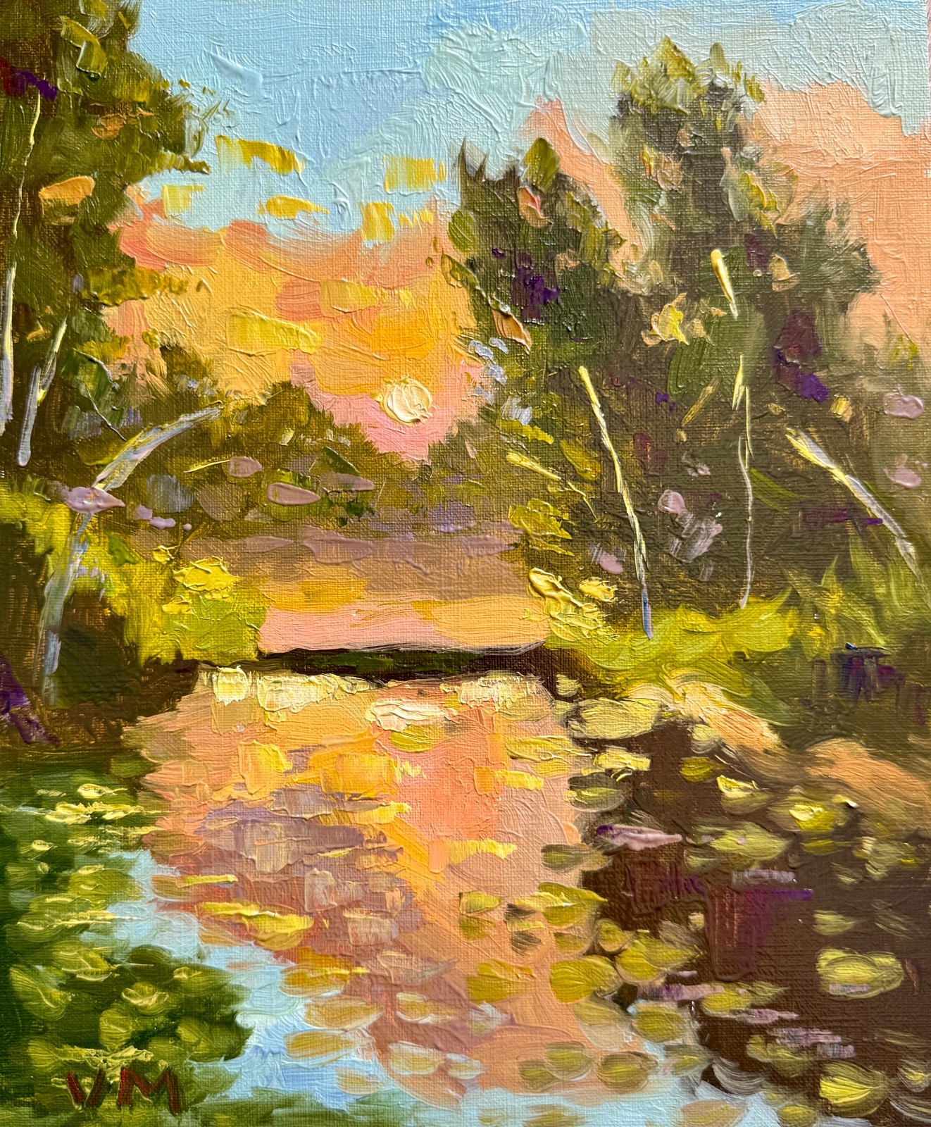 Sunset Lake Oil Painting Original Impasto Fine Art Signed VICTORIA MAC 8×10″