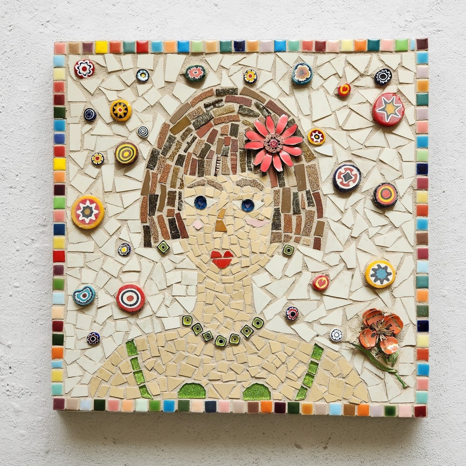 13×13″ Handmade Mosaic Portrait Wall Art, Colorful Folk Art Woman Tile Panel