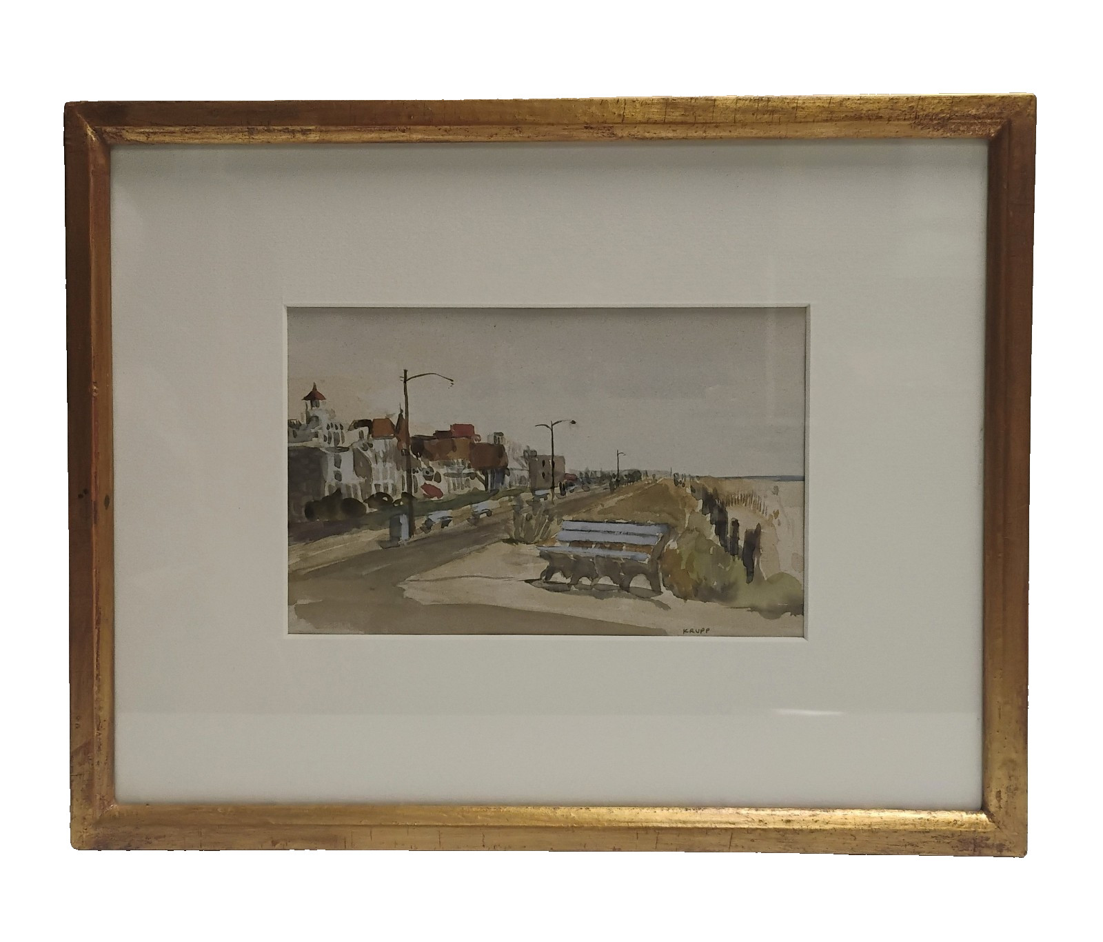 Jersey Shore Landscape Watercolor Painting Boardwalk Off Season Signed Krupp