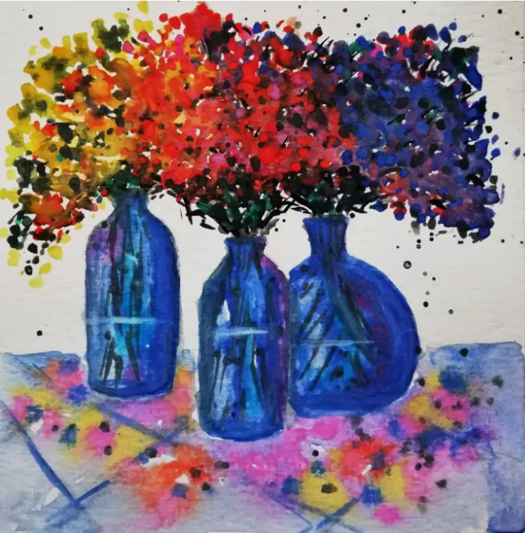 Still Life Purple Flowers Bouquet in a Vase Original Miniature Watercolour, 15x15cm