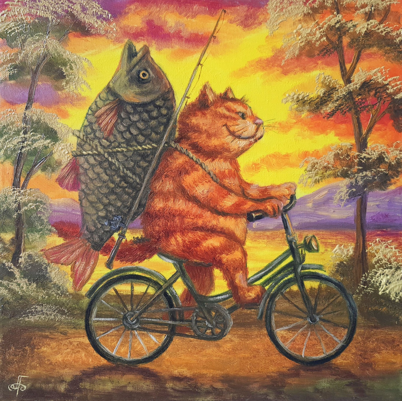 Original Oil Animal Painting Humorous Cat Bicycle Fish Art Whimsical Canvas