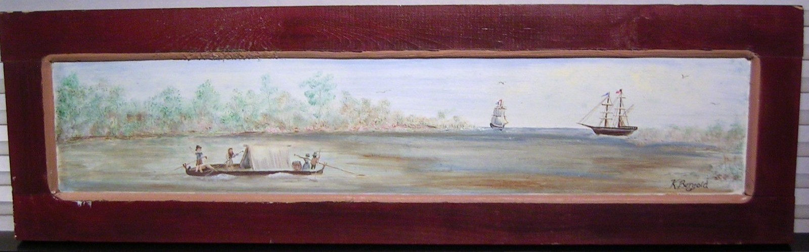 Vtg Folk Art Figures in Landscape Oil Painting Ships at Sea Signed