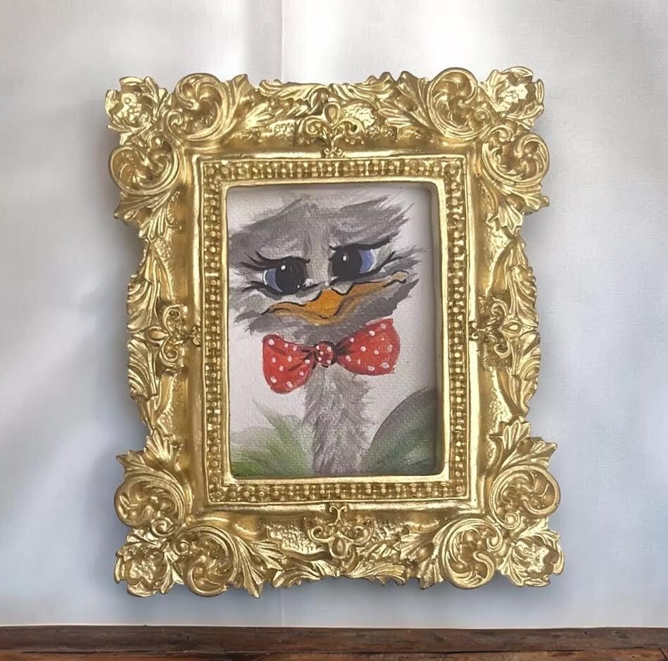 mini paintings & prints in vintage style ornate frame, mini art, birds & animals