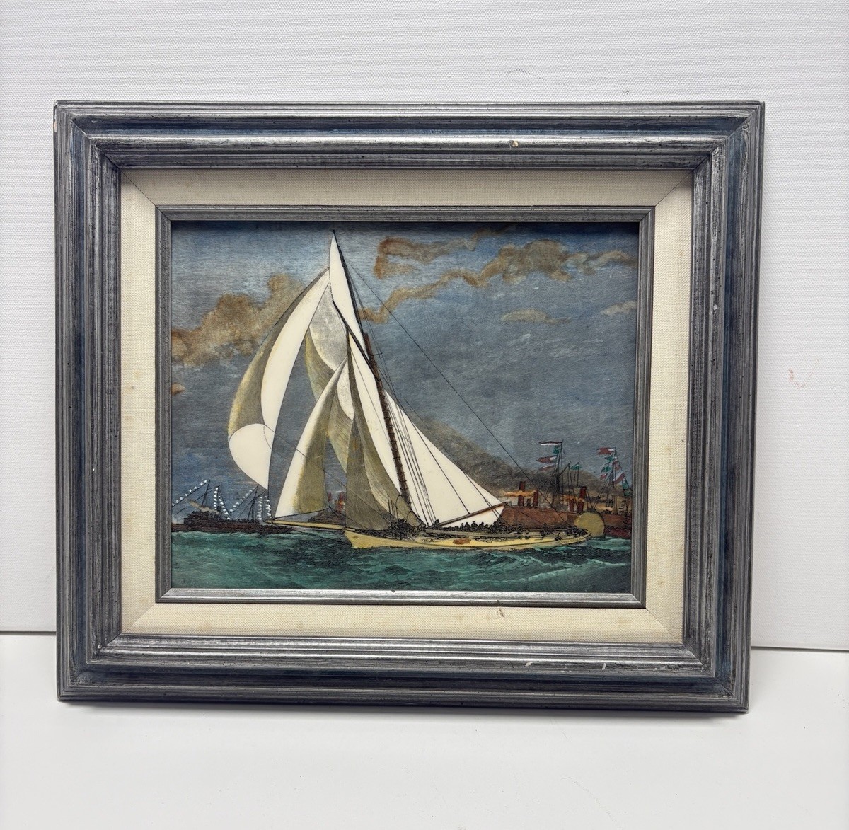 Vintage «KEEP ASTERN» SAIL SHIP SEA Framed Painted ETCHING On Glass 14.5 X 12.5