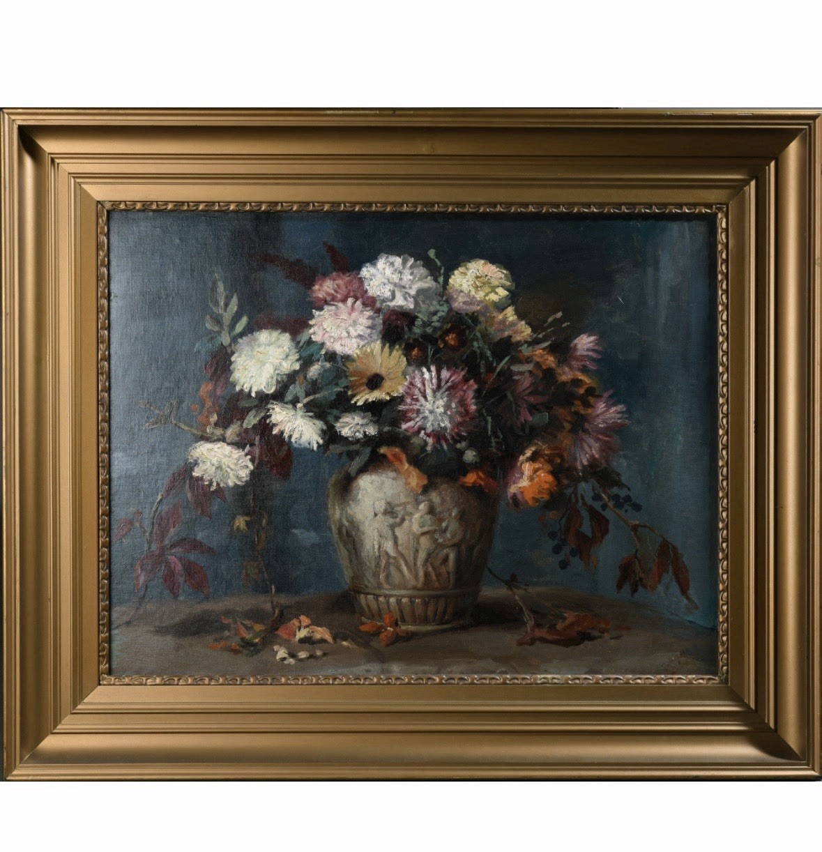 Antique Large Still Life Floral Oil On Canvas Painting Framed Neoclassical Vase
