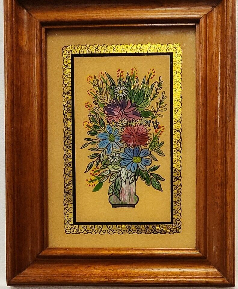 Vintage – FLORAL 1969 REVERSE PAINTING ON GLASS *HAND PAINTED* GOLD LEAF BORDER