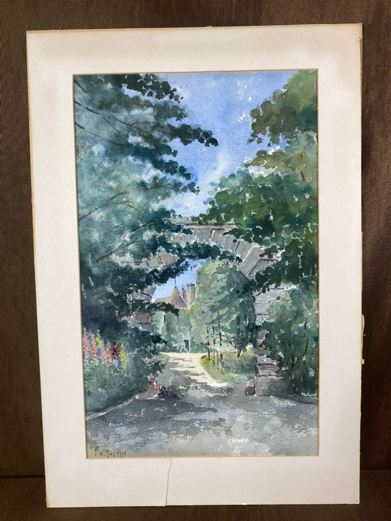 Vintage F.W. Church Watercolor Painting Stone Archway Landscape Mat Size 14×21″