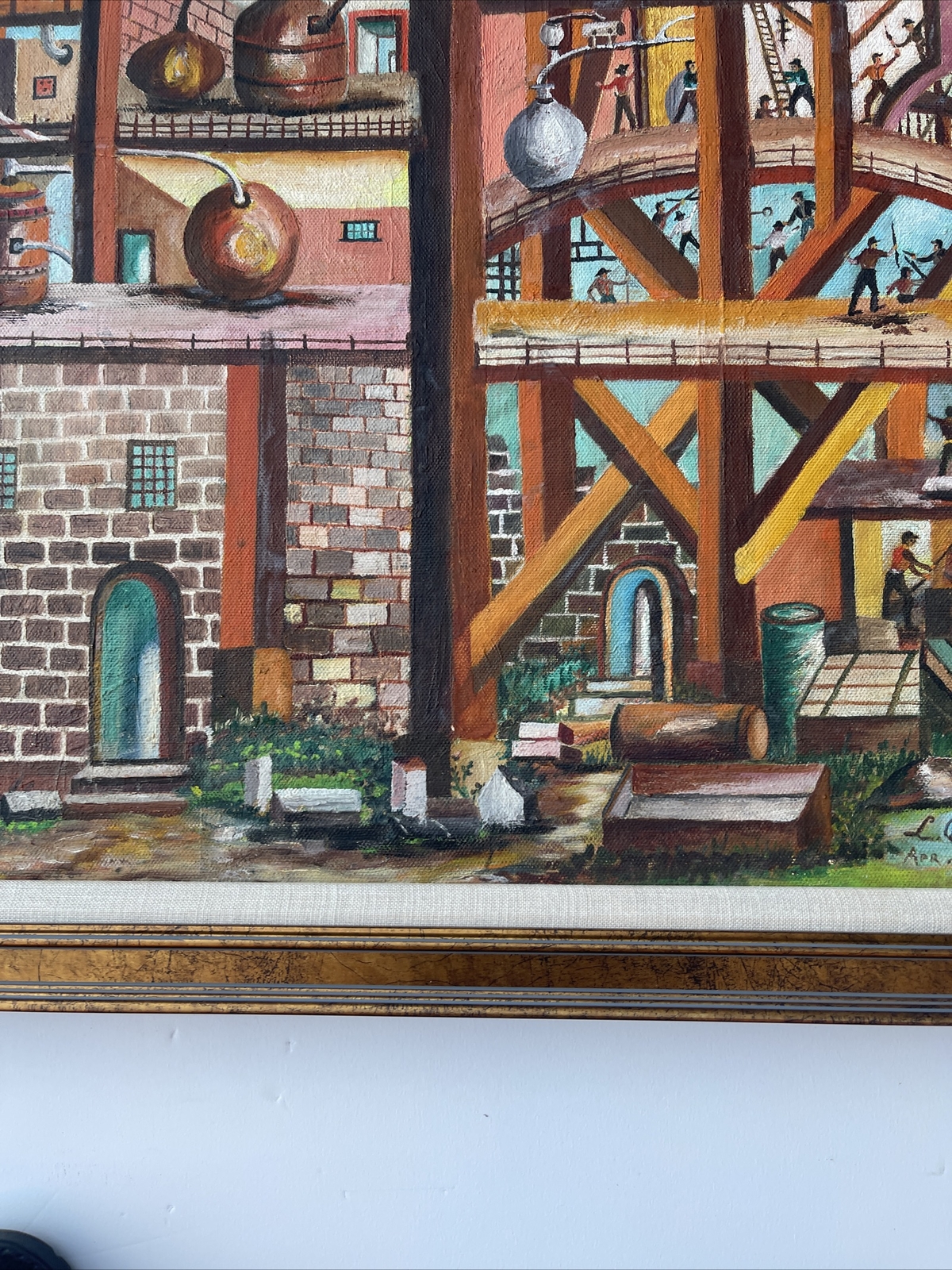 Vintage Industrial Painting Construction Workers Factory Urban Modernism Listed