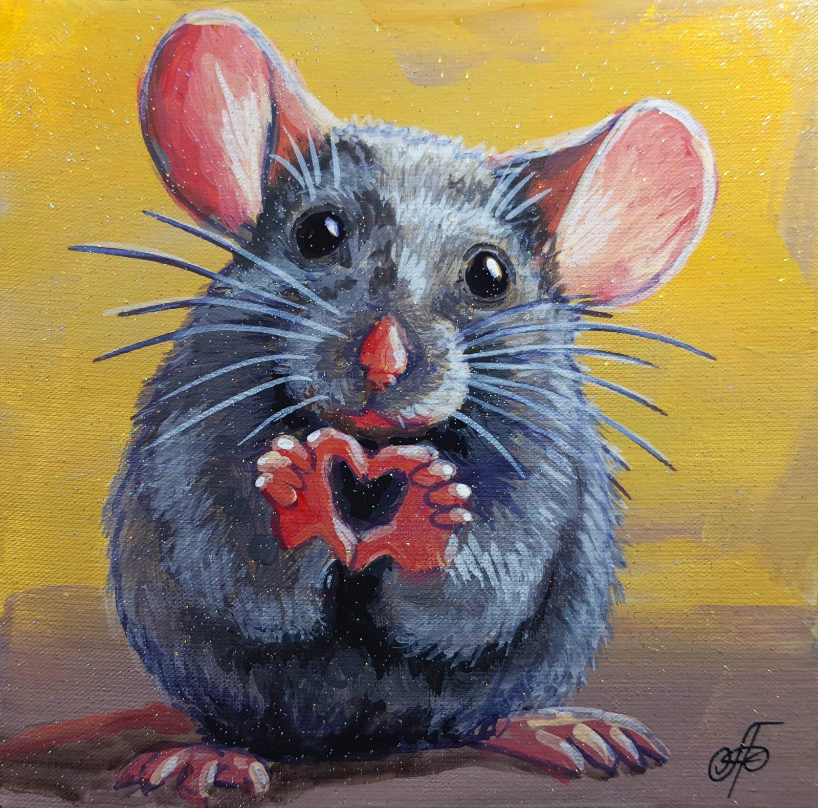 Original Acrylic Painting Cute Mouse Heart Love Small Hand Painted Canvas Art