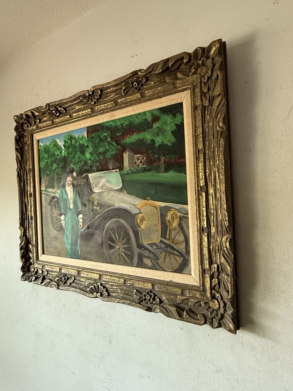 JAMES SHAVER ANTIQUE FIGURATIVE AUTOMOBILE LANDSCAPE OIL PAINTING VINTAGE CAR 40