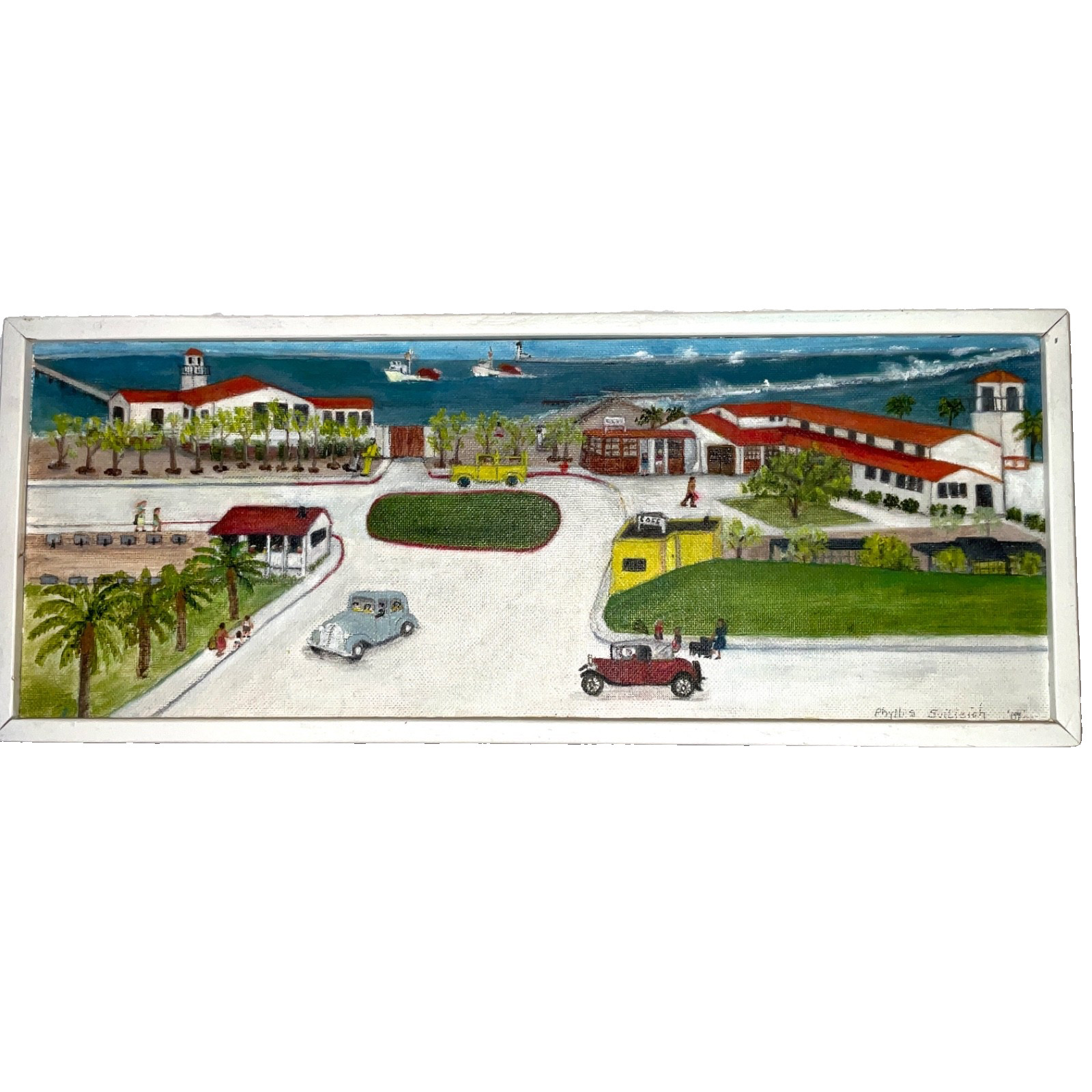 Small landscape of a 1940s seaside town original painting hand painted