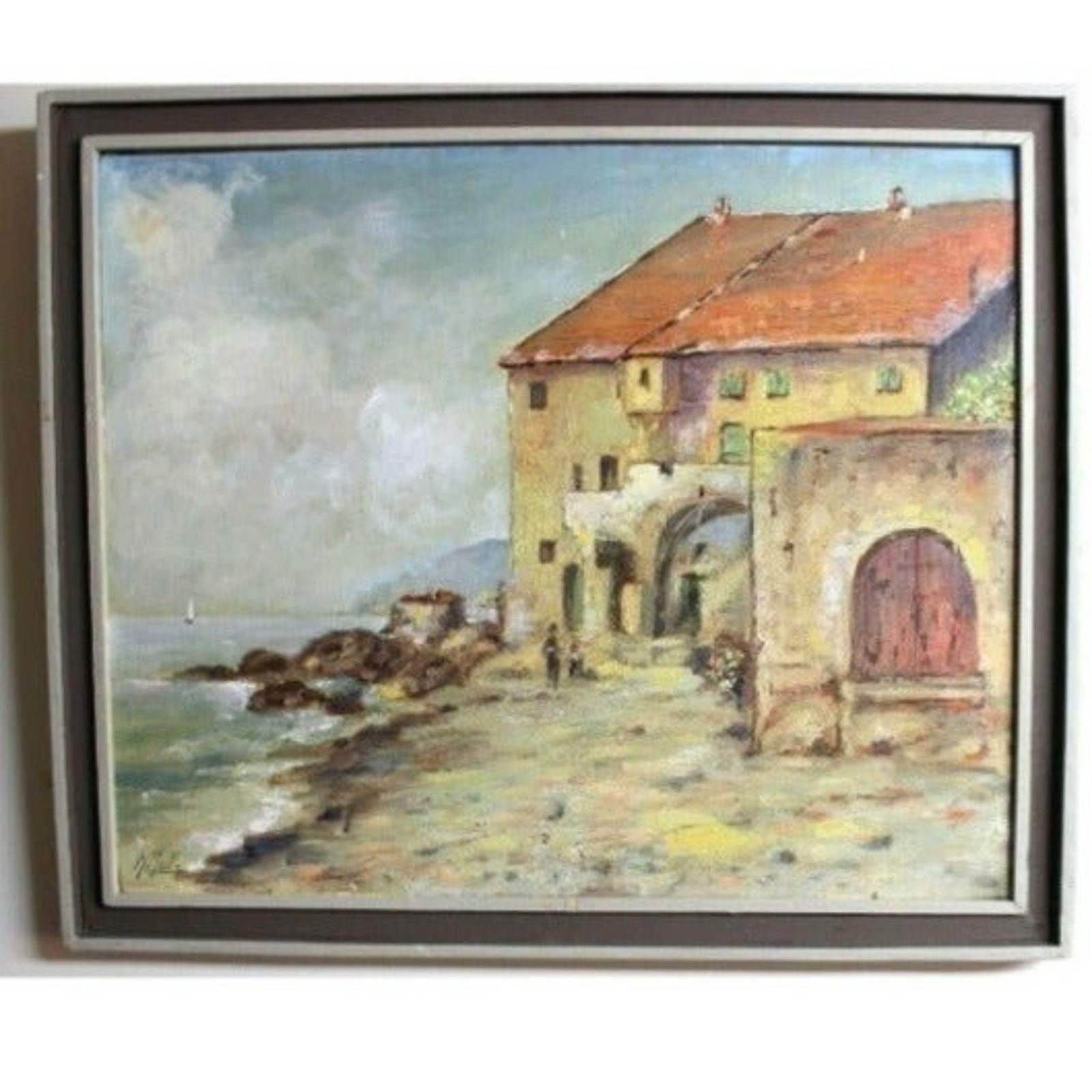 Hermann Ruf. Original Oil Painting on Canvas Italy1948 art signed Villa Seascape