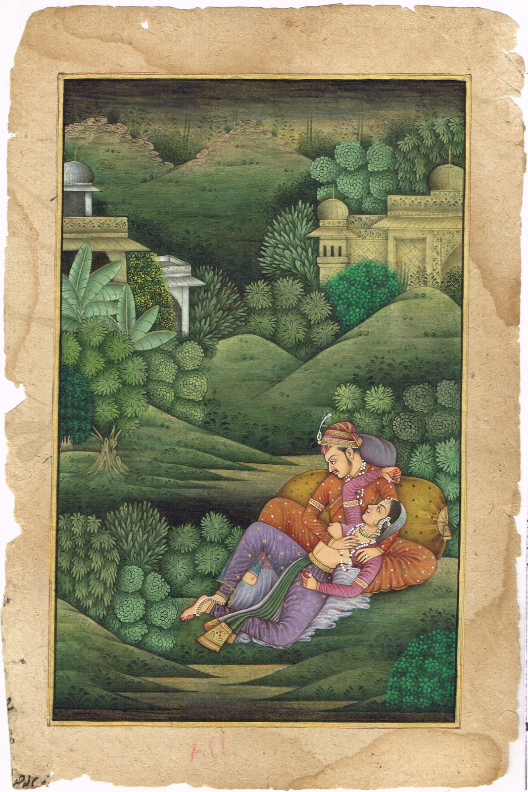 Mughal King & Queen in Romantic Love Scene In Garden Painting6.5×9.75Inches