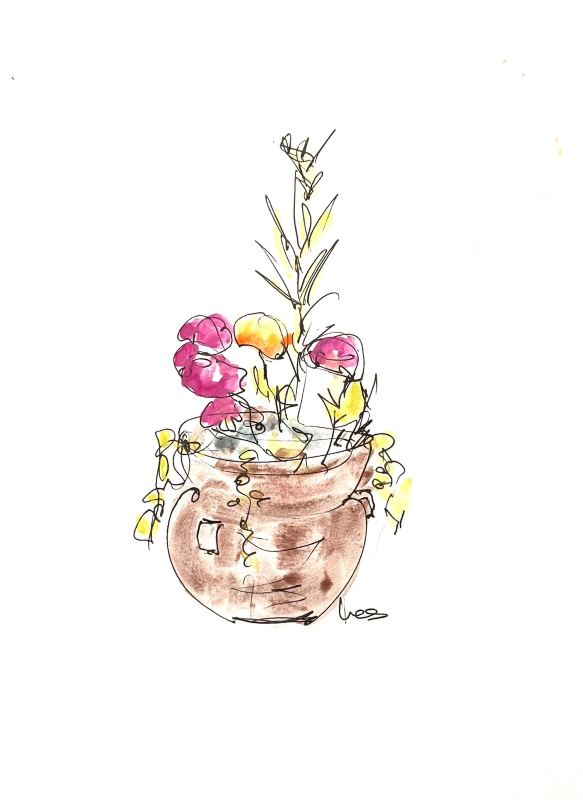 SAMATOWIC Original Abstract Flowerpot 9X12 Paper Ink Drawing Handmade Signed 24