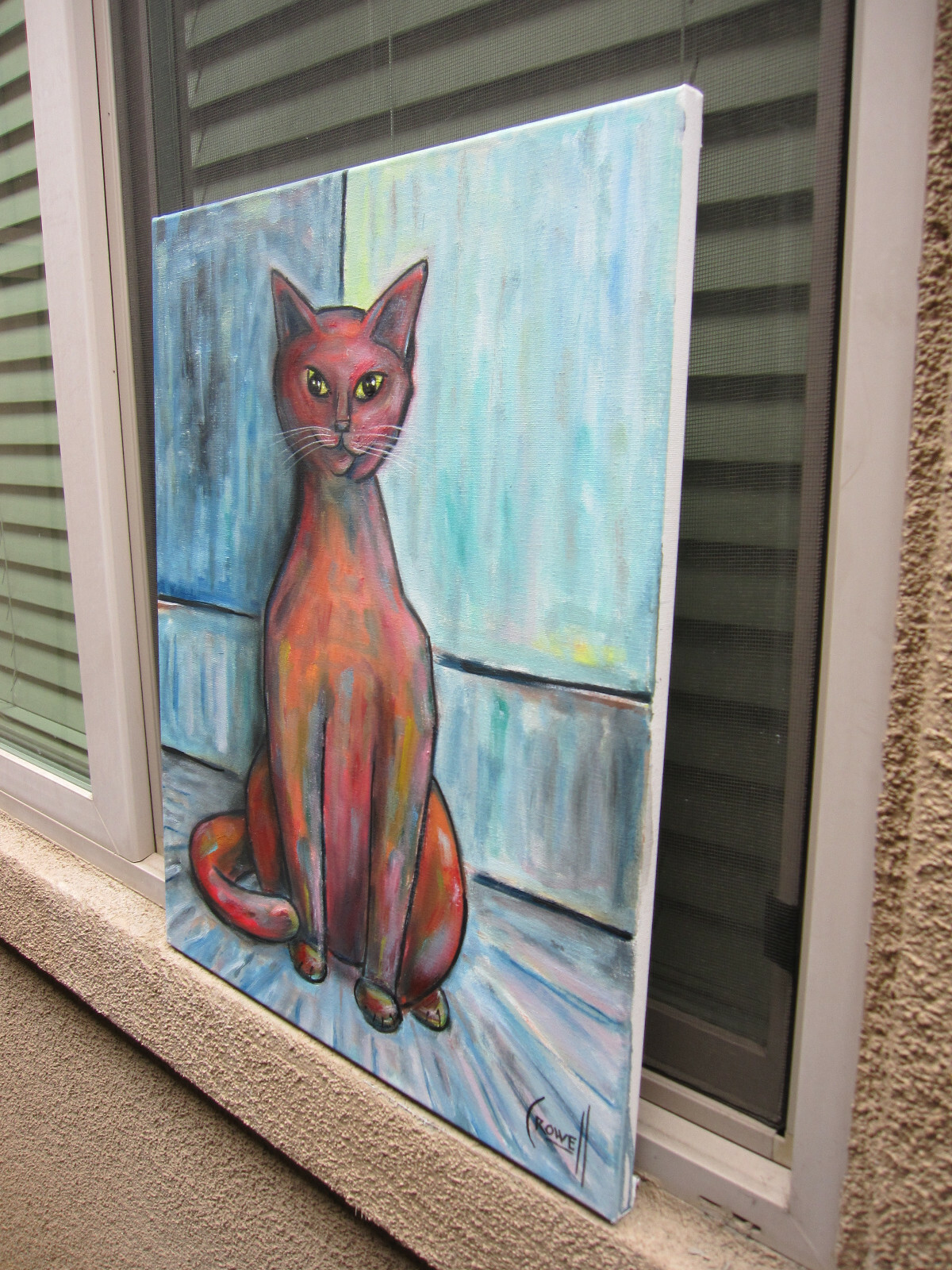 BIG RED CAT oil painting 16×20 canvas modern art feline original signed CROWELL