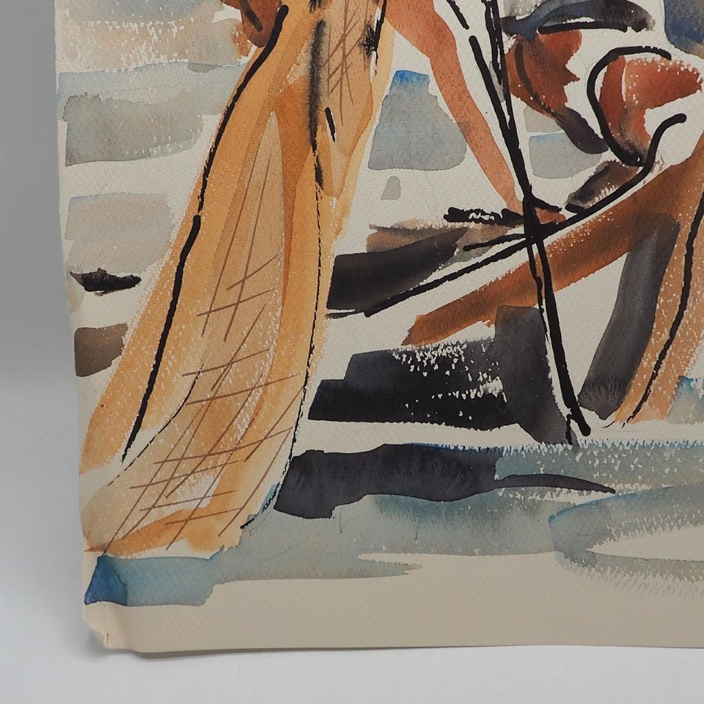 Watercolor Painting Ink Drawing on Paper Fishermen circa 1961