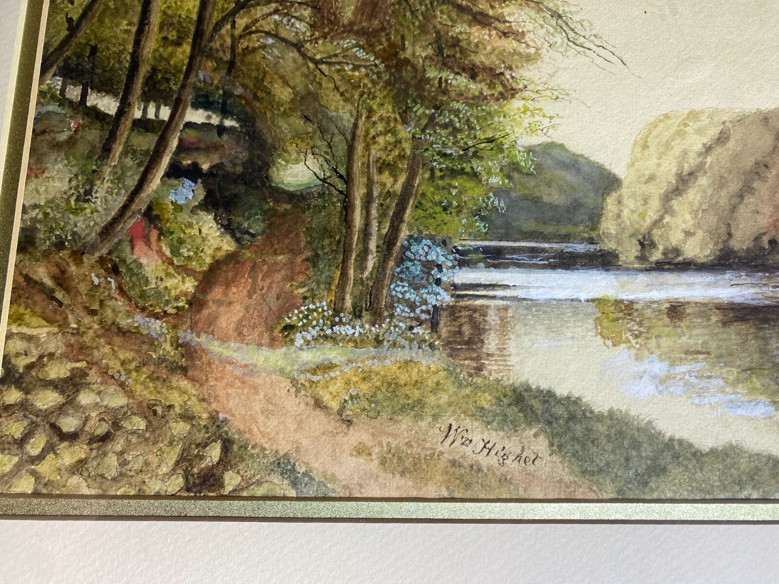 Antique W Higher «River Landscape Scene» Watercolor Painting – Signed And Framed