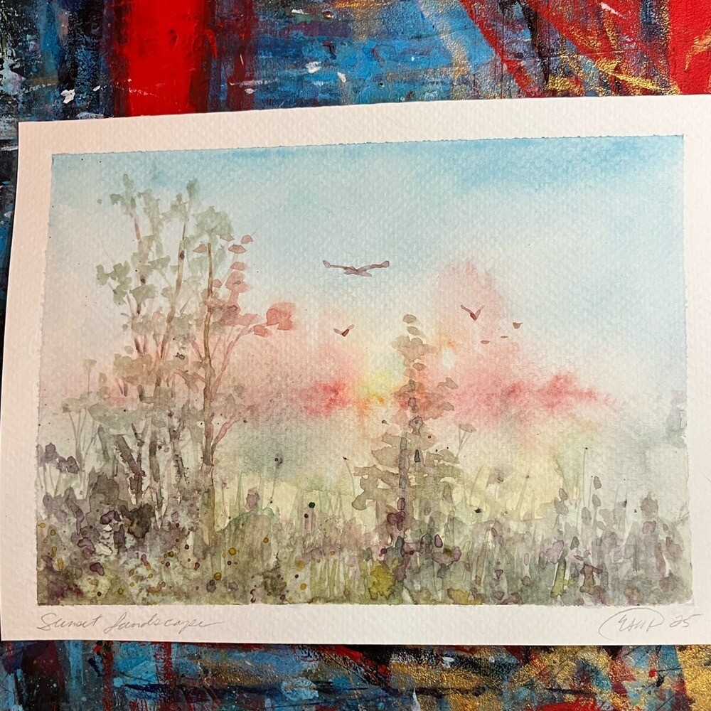 Original Sunset Painting landscape Birds watercolor NEW art artwork Artettina US