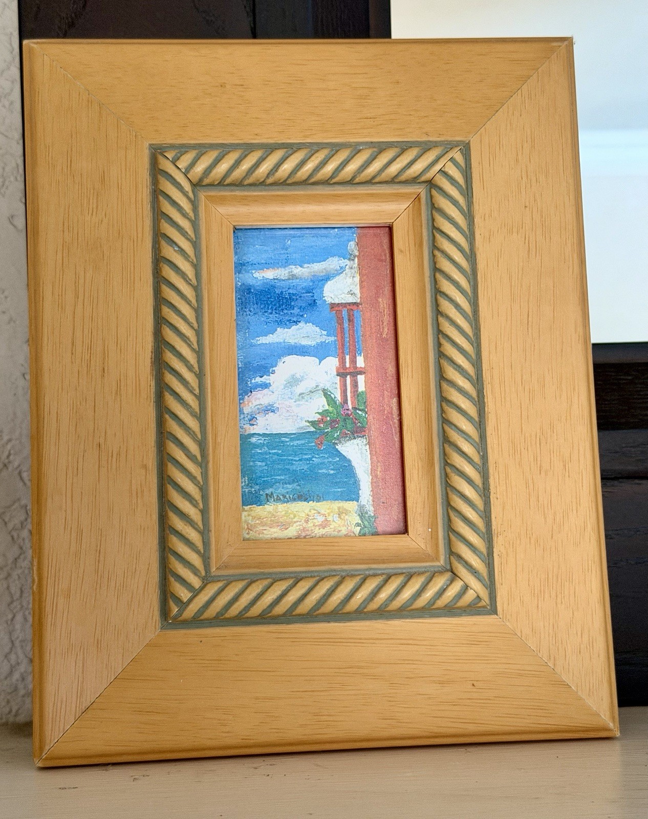 Vintage Signed Miniature Seascape Painting Framed Coastal Wall Art Mediterranean