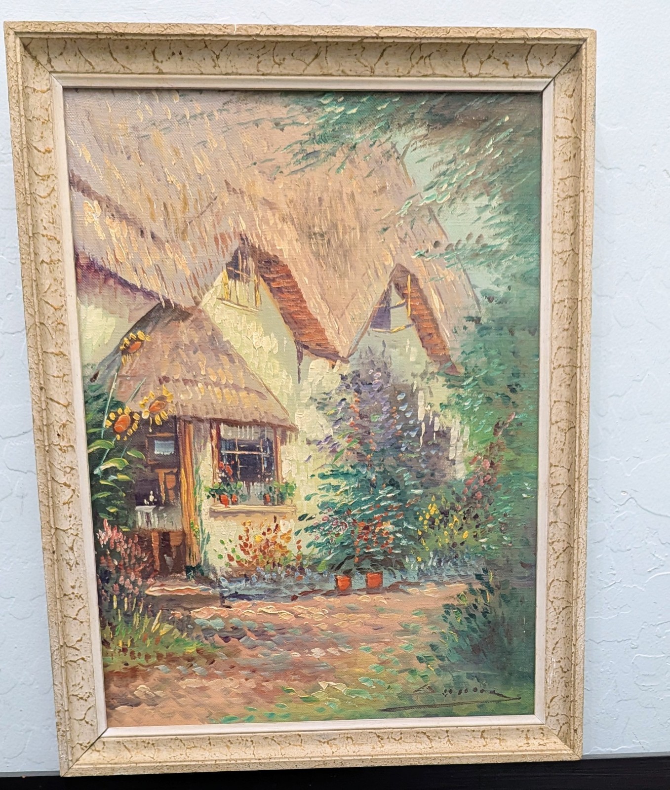 Antique French Oil Painting Thatched Roof Cottage Signed Framed 13.5 X 17.5